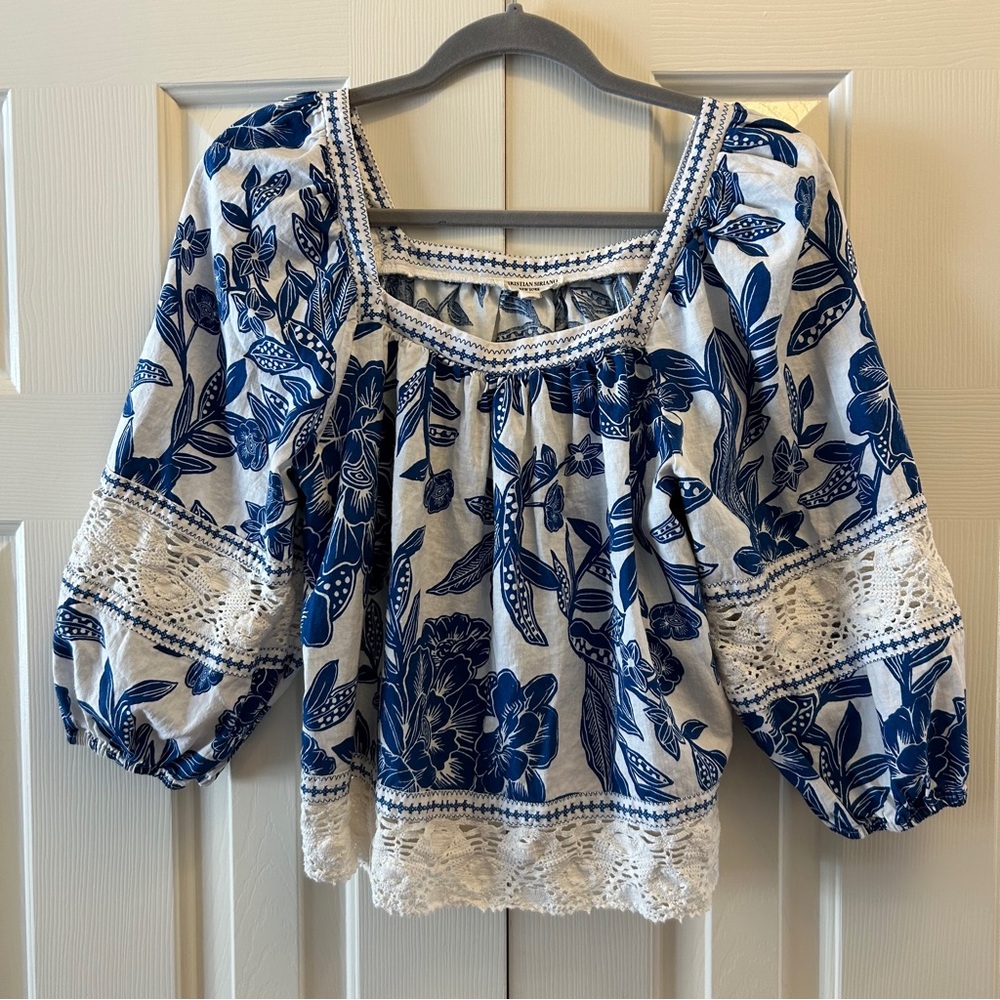 Christian Siriano Bohemain Floral Linen Puff Sleeve Blouse